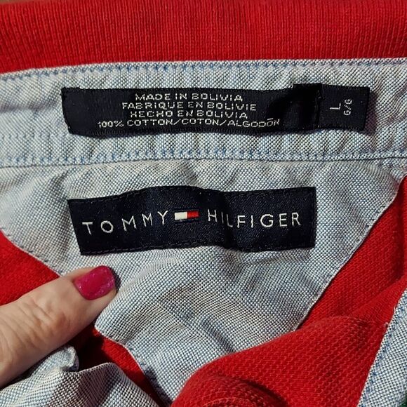 Tommy Hilfiger Men's Polo Size L Red With Blue & White Stripe - Picture 4 of 5